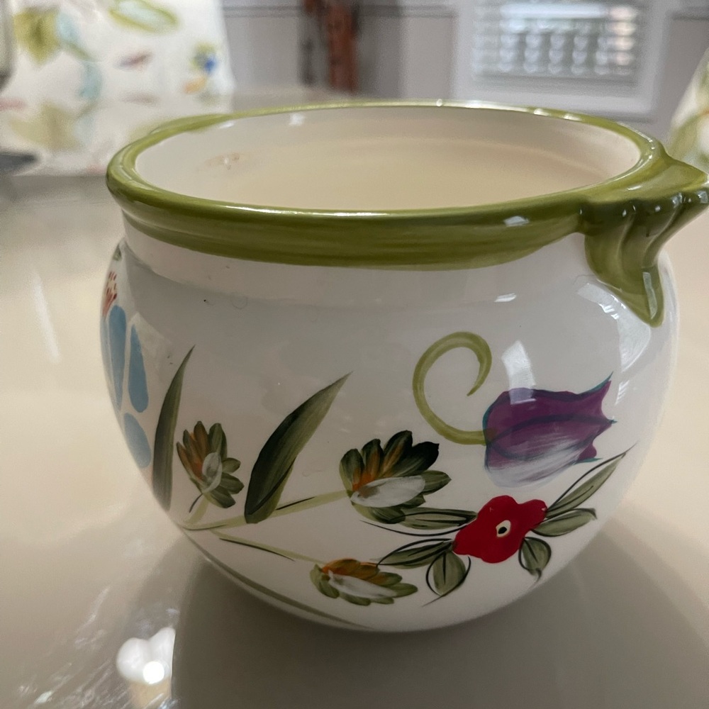 Floral Ceramic Planter with Green Rim kitchen Bowl, candy, patio deco